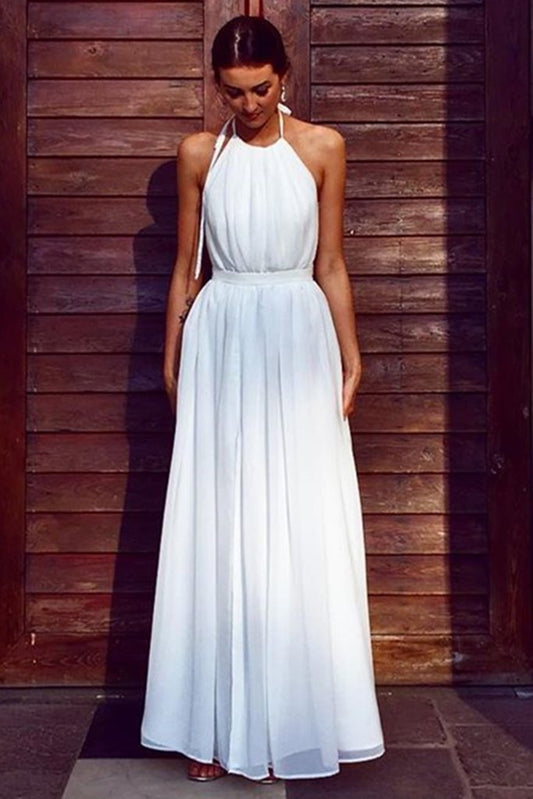 A Line Halter Neck White Long Prom Dress, Halter Neck White Formal Graduation Evening Dress, White Bridesmaid Dress   cg18822
