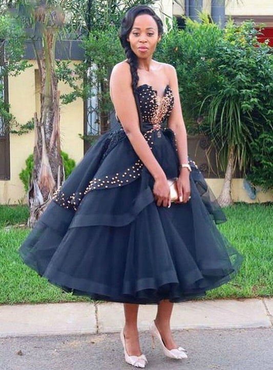 Black Ball Gown Tulle Sweetheart Beading Tea Length Prom Dress   cg18832