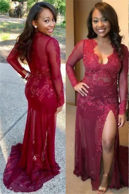 Sexy See Through Lace Prom Dress | Long Sleeve Side Slit Burgundy Evening Gown   cg18843