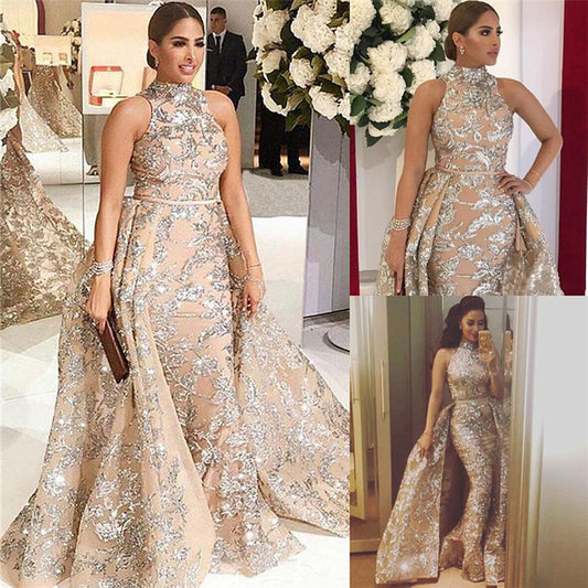 Silver Beads Lace Appliques Overskirt Prom Dresses   cg18844