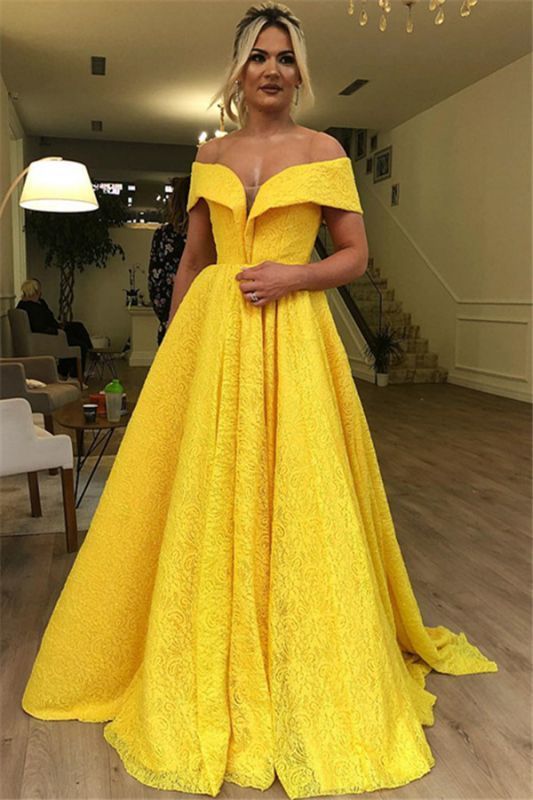 Gorgeous Off The Shoulder Lace Evening Dresses | Yellow A-Line Cheap Prom Dresses   cg18846