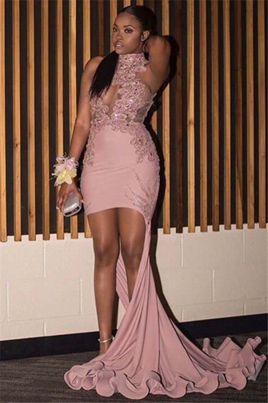 Pink High-Neck Sleeveless Mermaid Prom Gown | New Arrival Appliques Long Evening Gown   cg18847