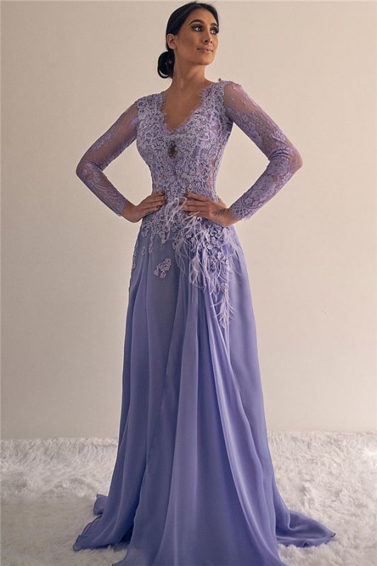 A-line Floor-length Beading V-neck Long-sleeve Lace Prom Dress   cg18848