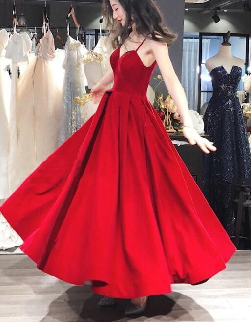 Beautiful Red Velvet Straps Long Evening Formal Dress, Red Party prom Dress   cg18853