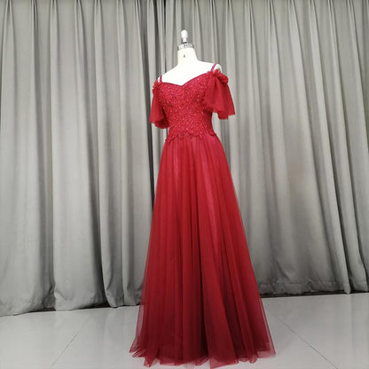 Beautiful Wine Red Tulle A-Line Party Dress, Long Lace Applique Party Dress prom gown  cg18861