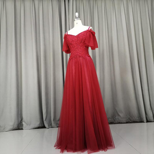 Beautiful Wine Red Tulle A-Line Party Dress, Long Lace Applique Party Dress prom gown  cg18861