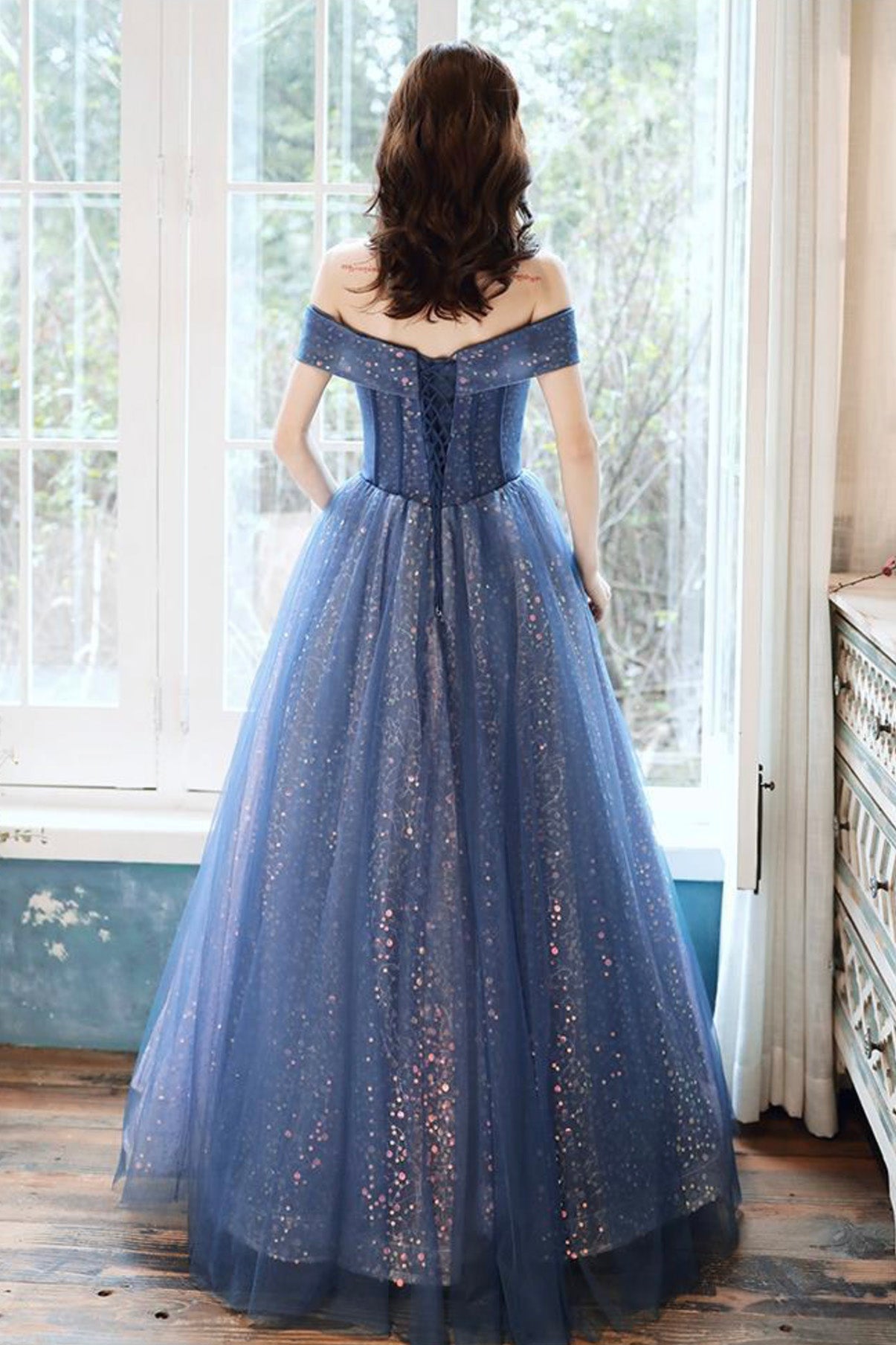 BLUE TULLE SEQUINS LONG BALL GOWN DRESS FORMAL DRESS prom dress   cg18884