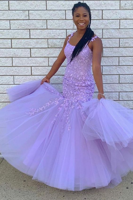 Mermaid Lavender Lace Appliqued Long Prom Dress Graduation Dress with Tulle   cg18886