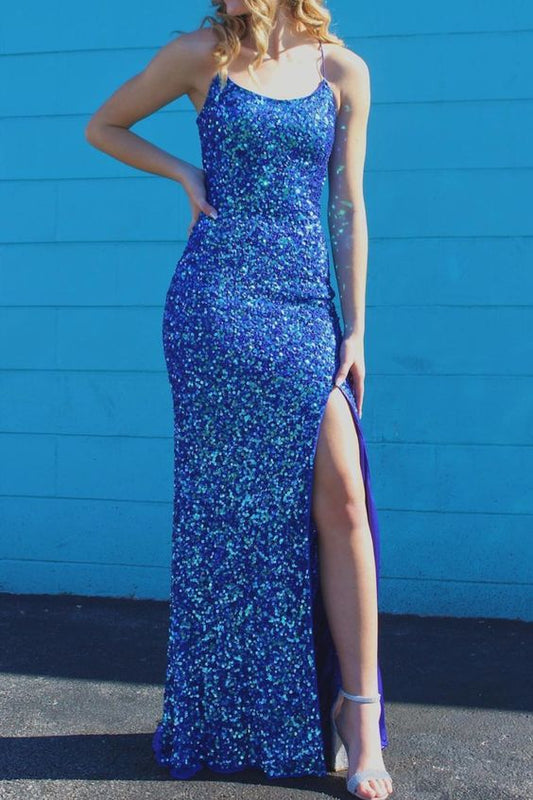Navy Blue Sequined Dress Evening Dress Prom Dress    cg18896