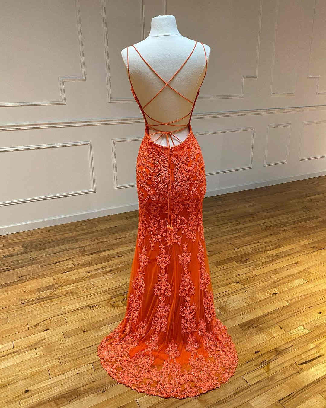 Elegant Straps Lace Appliques Orange Prom Dress    cg18910