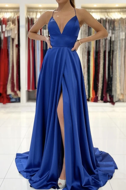 Blue v neck satin prom dress A line backless evening dress   cg18913