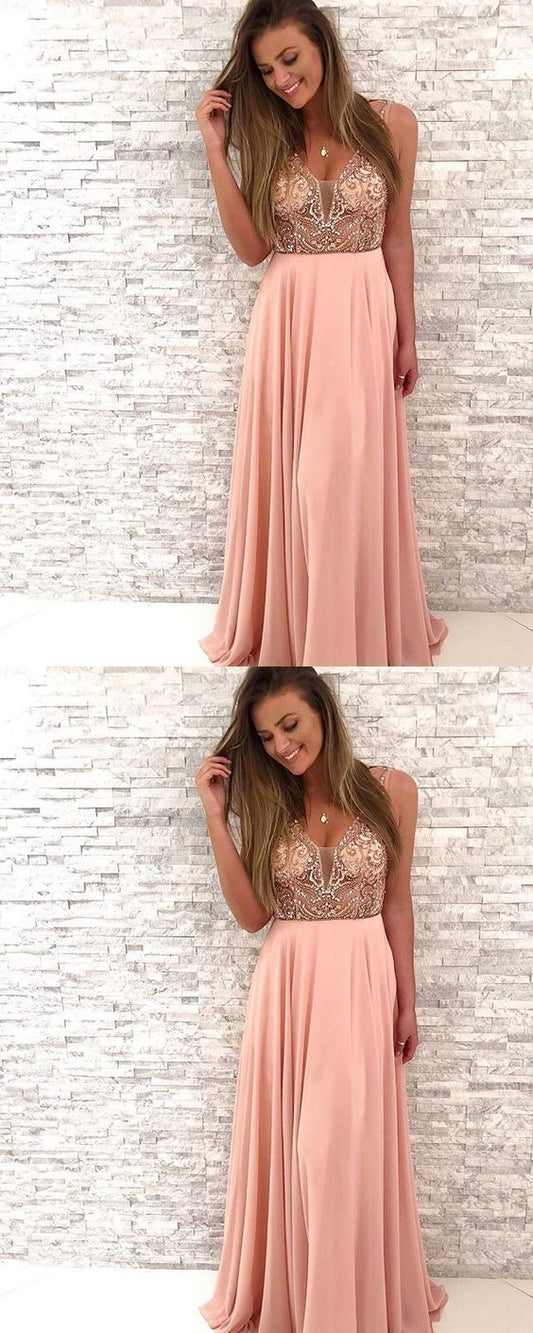 Gorgeous Beaded Pink Chiffon Long Prom Dress,V-Neck A Line Party Dress   cg18918