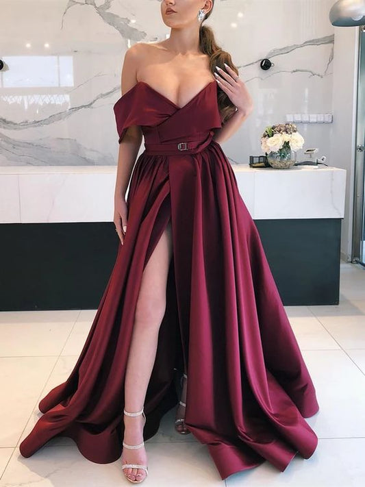 V Neck Off Shoulder Burgundy Long Prom Dress Slit Off the Formal Evening Dresses   cg18920