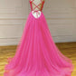 Simple v neck tulle long prom dress A line evening dress   cg18932