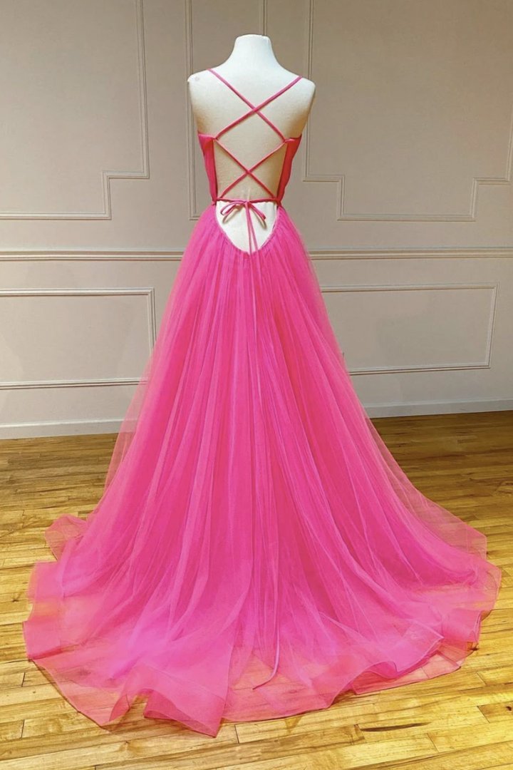 Simple v neck tulle long prom dress A line evening dress   cg18932