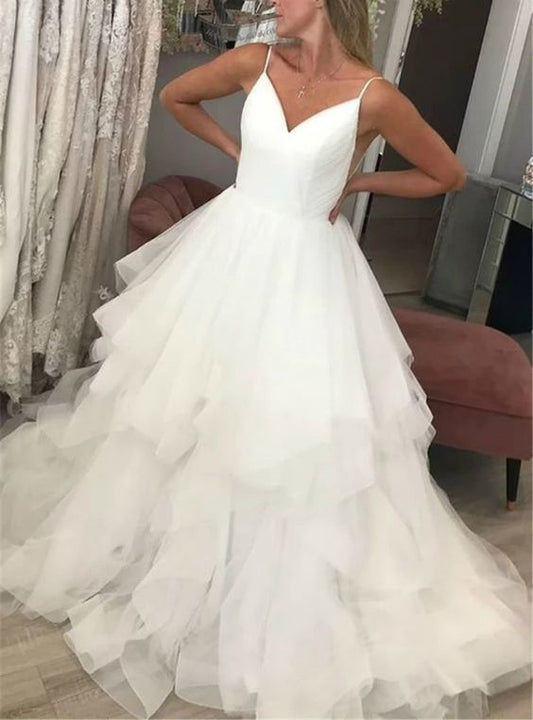 White Tulle Spagehtti Straps Backless Ruffles Prom Dress    cg18939