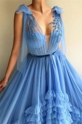 Sexy Tulle Deep V Neck Blue Prom Dress | Chic Sleeveless Layers Long Prom Dress with Sash    cg18950