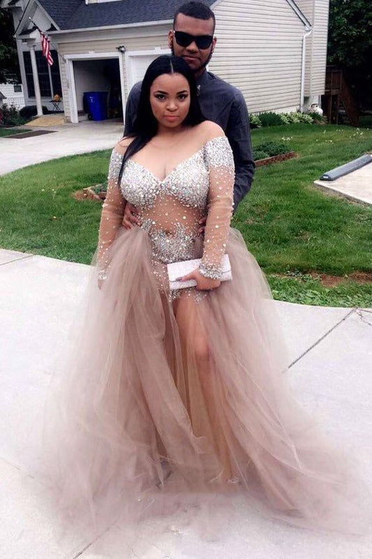 Champagne see through long sleeves prom dresses slit Evening Gown     cg18956