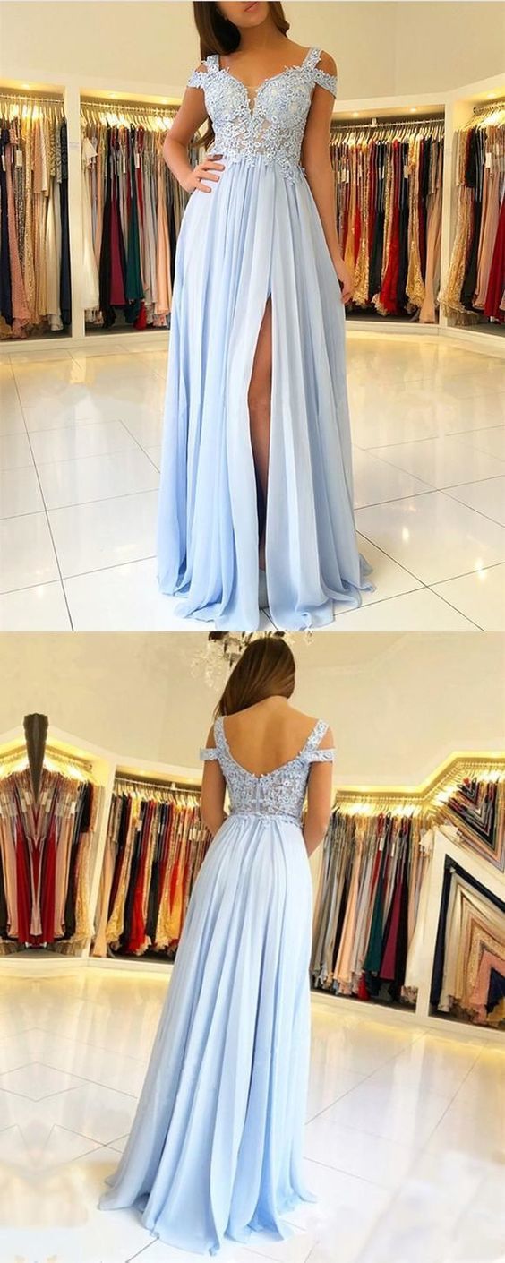 A-Line Cold Shoulder Light Blue Chiffon Prom dress cg1897