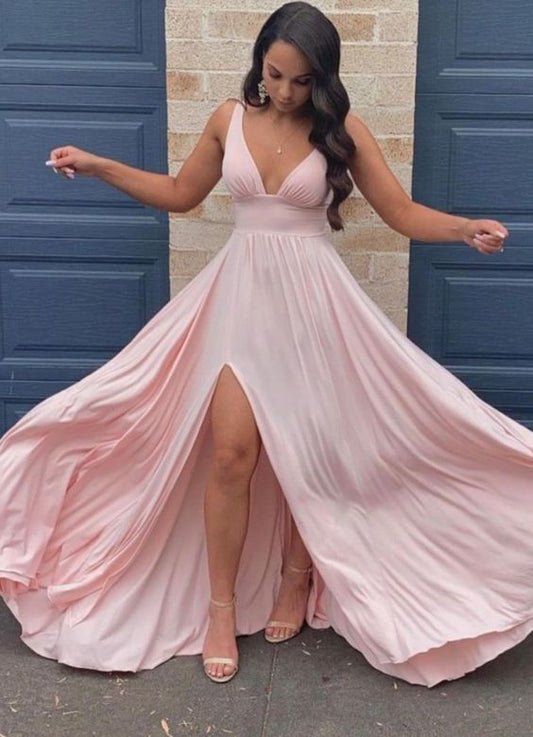 sexy rosa langes Maxi-Ballkleid mit hoher Taille, Boho-Brautjungfernkleid mit Seitenschlitz, cg19034