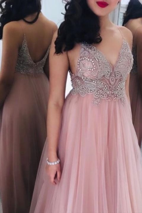 A-line pink tulle long formal dress with spaghetti straps, beaded bodice and plunge neckline Prom Dress     cg19038