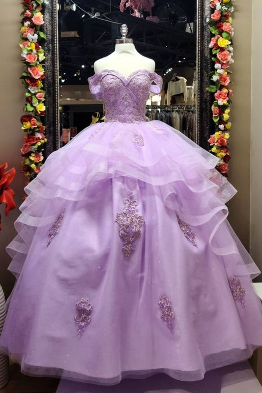 off the shoulder lilac quincerean dress Prom Dress    cg19044