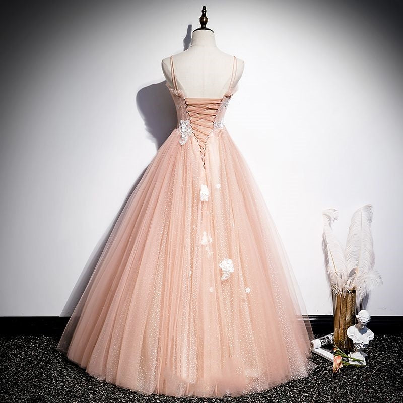 Peach Tulle Long Prom Dress with 3D Flowers    cg19053