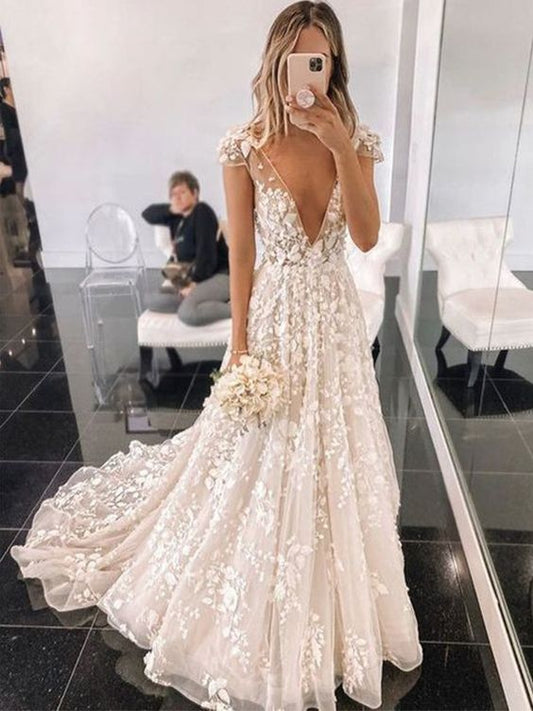 A-Line/Princess Sweep/Brush Train V-neck Applique Tulle Short Sleeves Wedding Dresses Prom Dress     cg16081