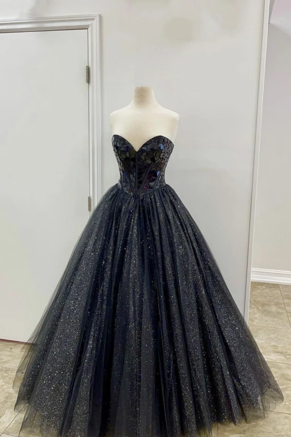 Black tulle beads long prom dress A line evening dress    cg19083