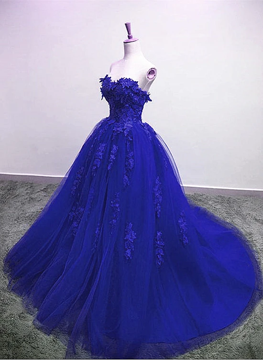 Royal Blue Tulle Strapless Ball Gown Long Prom Dress, Blue Party Dress 2021    cg19085