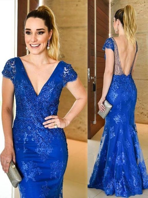 Blue Appliques Beading Embroidery Floor-Length Prom Dress    cg19088