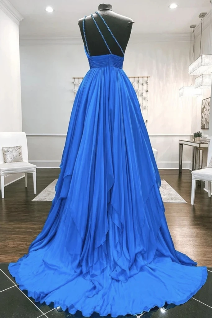 One Shoulder Backless Blue Chiffon Long Prom Dress, Beaded Blue Long Formal Evening Dress   cg19098