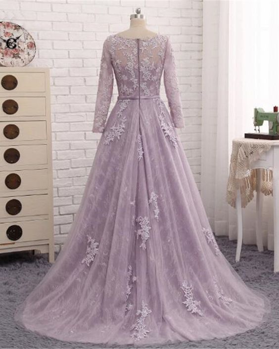 Light Purple Evening Dress Formal Party Gown,Round Collar Lace Prom Dress    cg19113