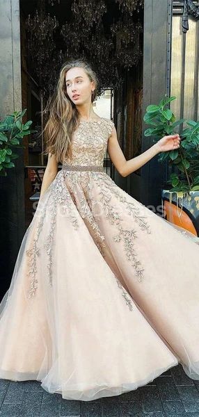 Cap Sleeves Lace Applique A-line Evening Prom Dresses, Evening Party Prom Dresses    cg19114