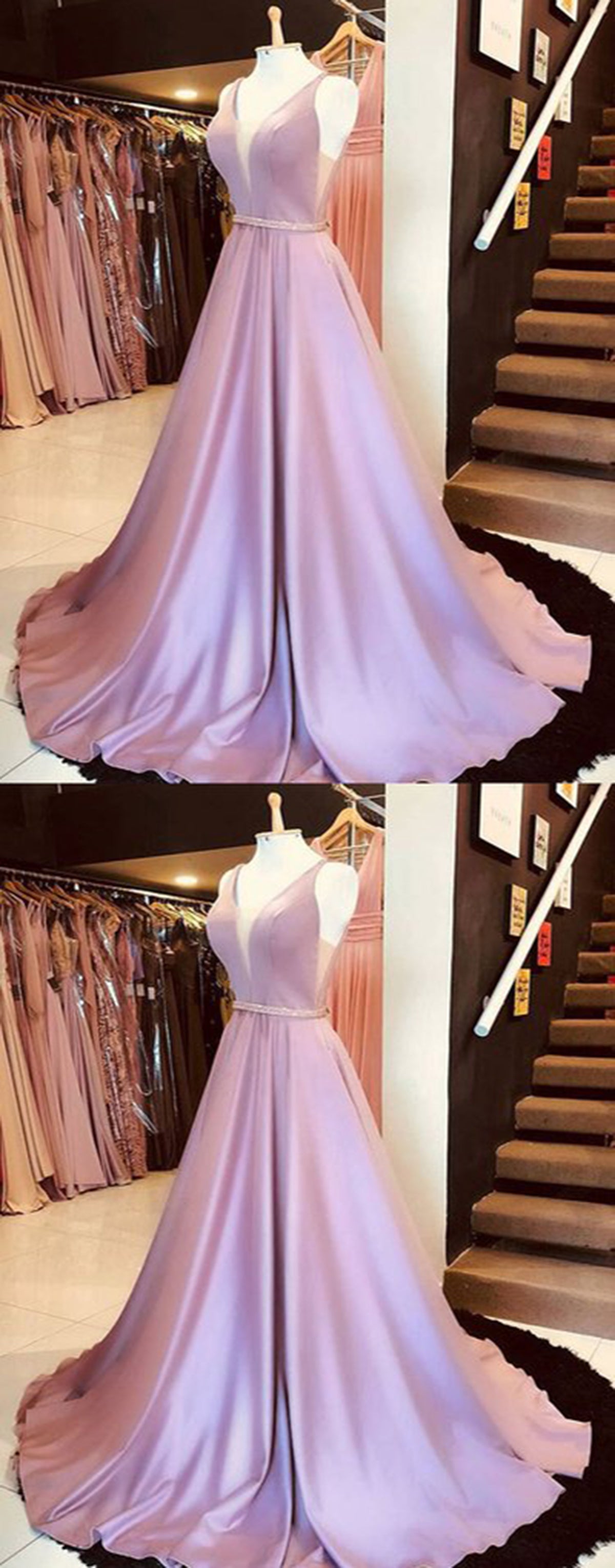 Pink Satin V Neck Long Beaded Waistline Prom Dress, Party Dress cg1912