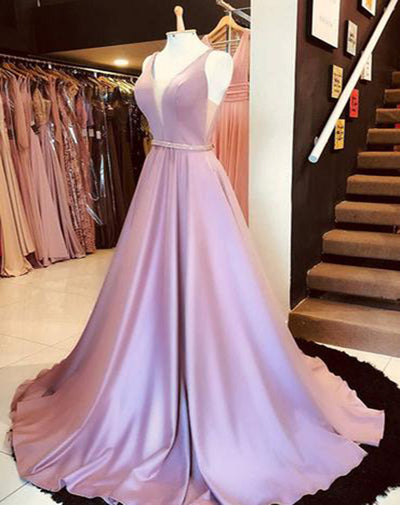 Pink Satin V Neck Long Beaded Waistline Prom Dress, Party Dress cg1912