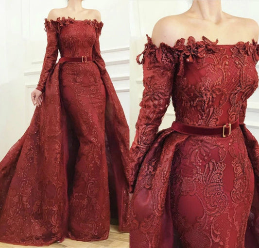 burgundy evening dresses with detachable train lace appliqued overskirt mermaid prom dress long sleeve arabic dubai formal gowns    cg19128