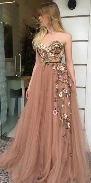 Tulle Applique Strapless A Line Sweetheart Formal Long Prom Dresses cg1913
