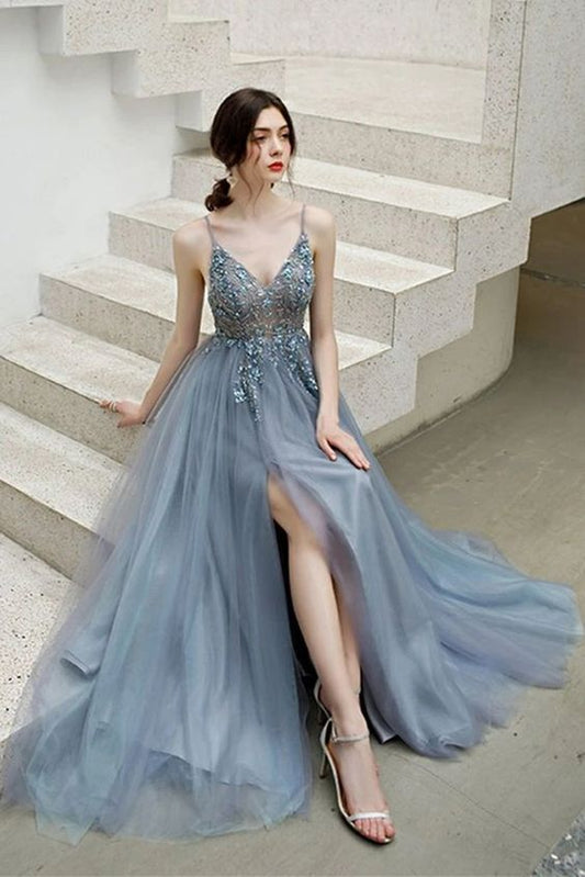 Charming Blue V-neckline Straps Beaded Top Long Party Dress, V Back Prom Dress Evening Dress   cg19134
