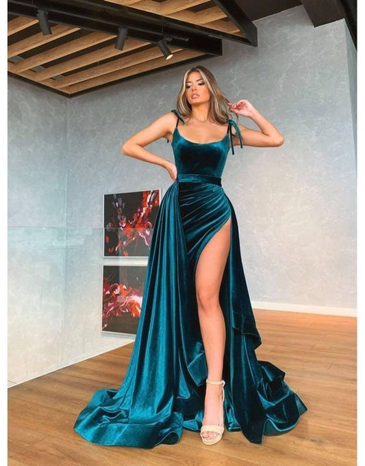 Chic A-Line Scoop Neck Velvet Long Prom Evening Dresses with High Split    cg19149