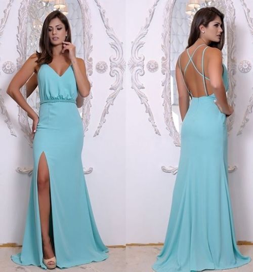 Ice Blue V Neck Formal Evening Gown Open Back Long Party prom Dress Side Slit    cg19154