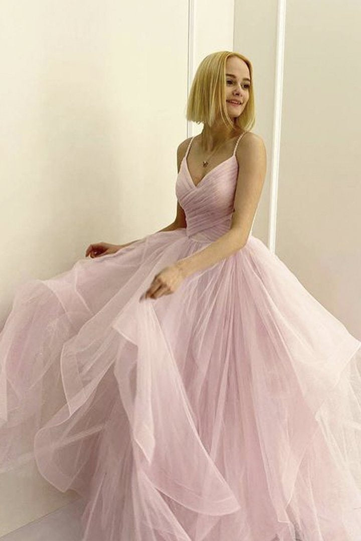 Pink tulle long A line prom dress pink evening dress    cg19158