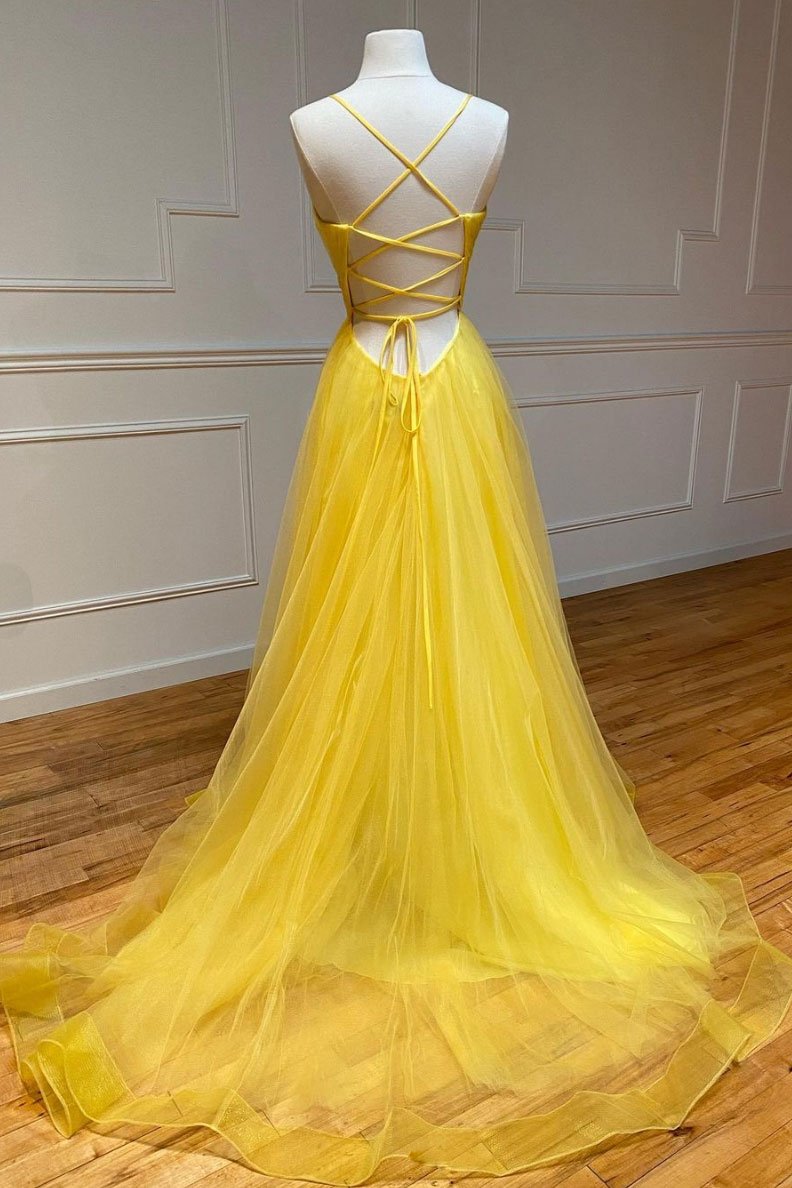 Yellow v neck tulle long prom dress yellow formal dress   cg19164