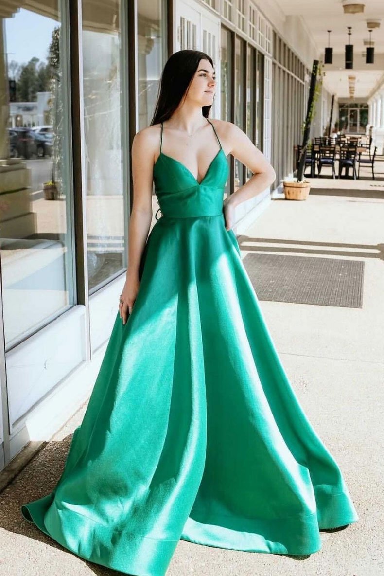 Green v neck satin long prom dress green long formal dress    cg19165
