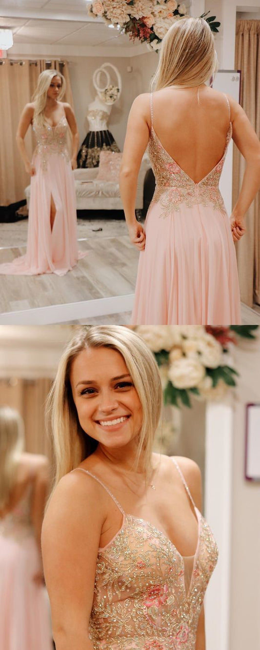 Romantic pink long prom dress with spaghetti straps, chiffon pink prom dress with slit    cg19173