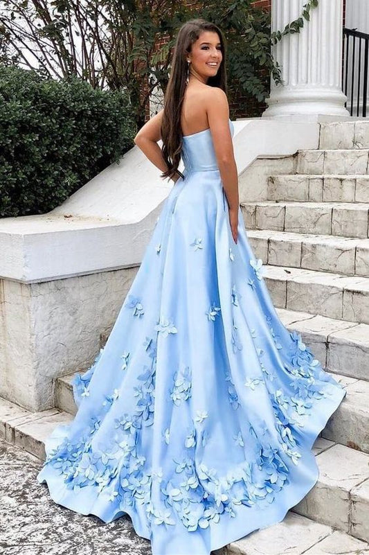 Sweetheart Sky Blue Long Satin Cheap Prom Dresses with 3D Floral Applique   cg19178