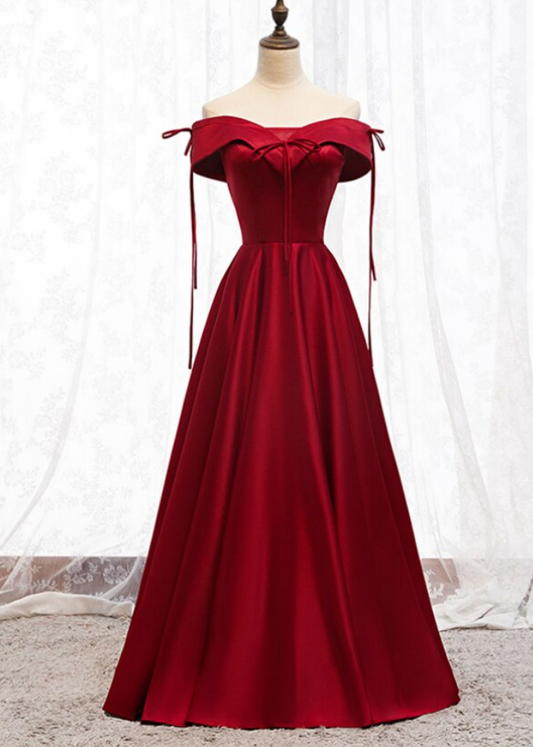 A-Line Burgundy Satin Off the Shoulder Prom Dress    cg19183