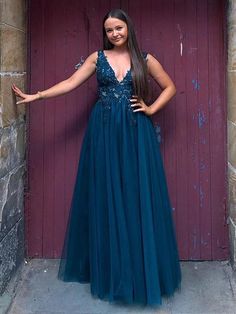 V Neck and V Back Blue Lace Beaded Long Prom Dresses, Long Blue Lace Formal Evening Dresses   cg19184