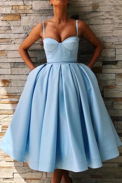 Spaghetti Straps Sweetheart Satin Tea Length Ball Gown Party homecoming  Dresses cg1919