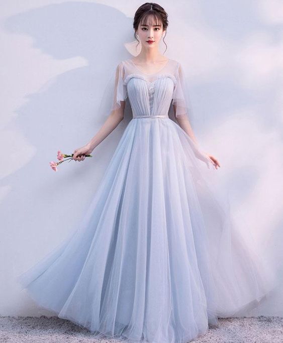 Gray v neck tulle long prom dress, gray tulle evening dress    cg19198